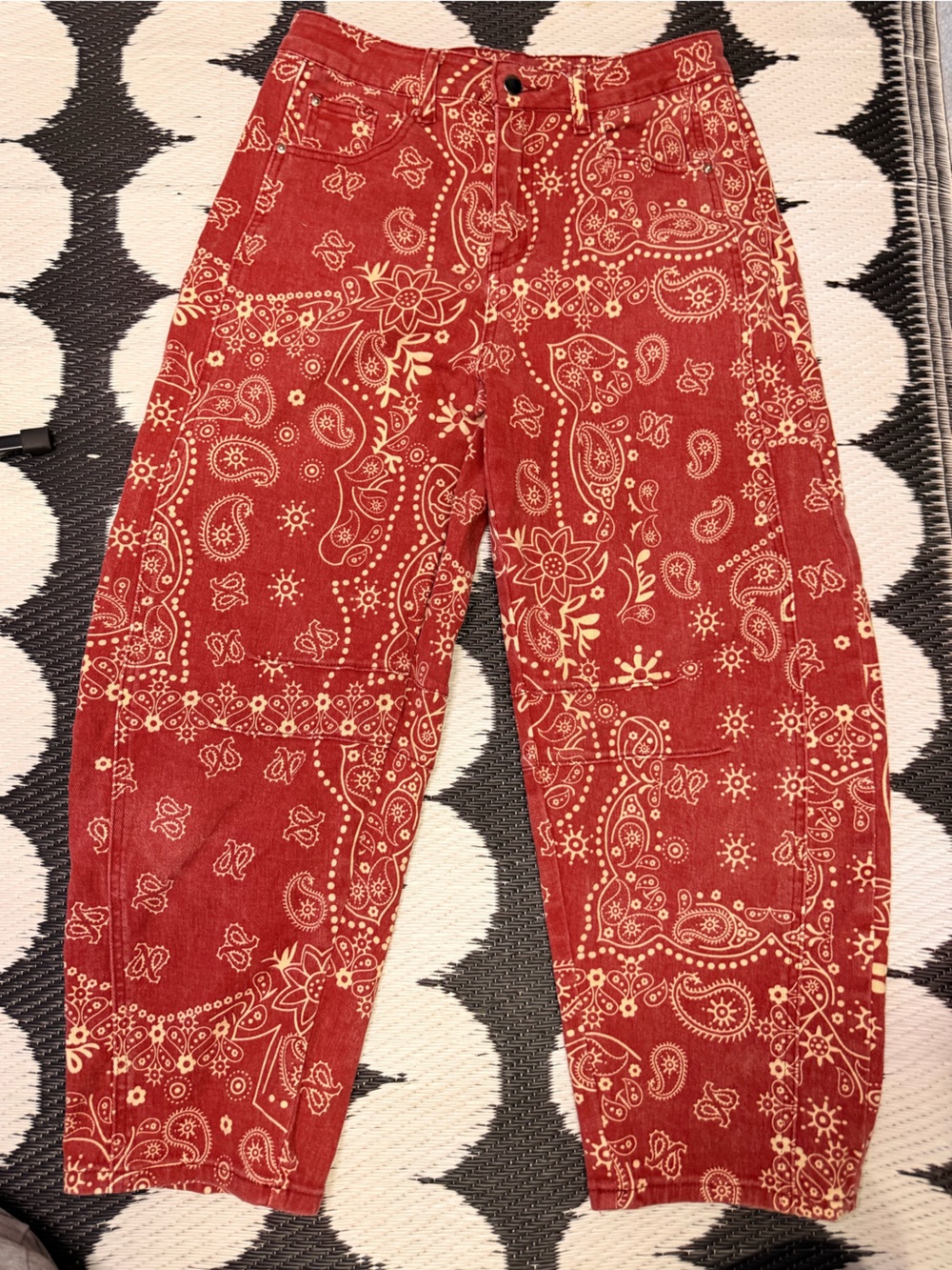 Women's Red Paisley Print Barrel Jeans
